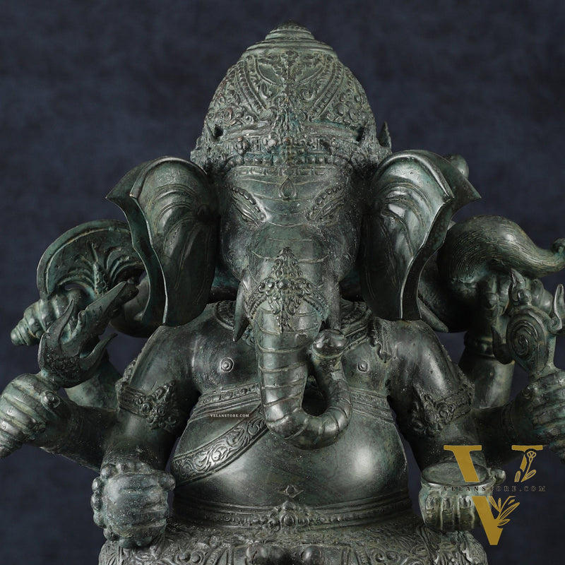 Vintage Balinese Bronze Ganesha Sculpture – Three-Headed, 16" Lost Wax Casting