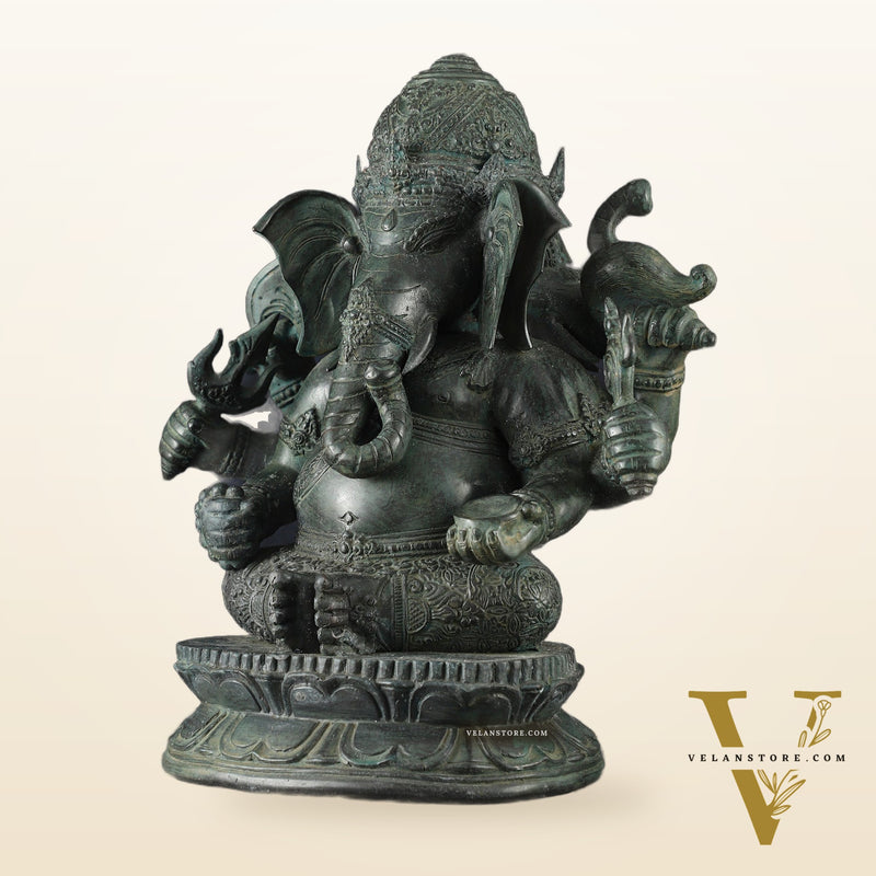 Vintage Balinese Bronze Ganesha Sculpture – Three-Headed, 16" Lost Wax Casting