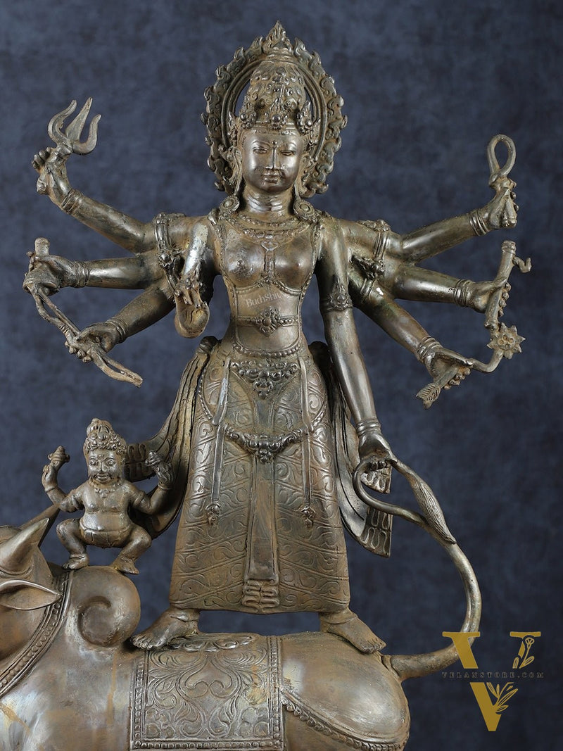 Vintage Balinese Bronze  Mahishasura Mardini Durga Statue - 22.5" H | Lost Wax Casting