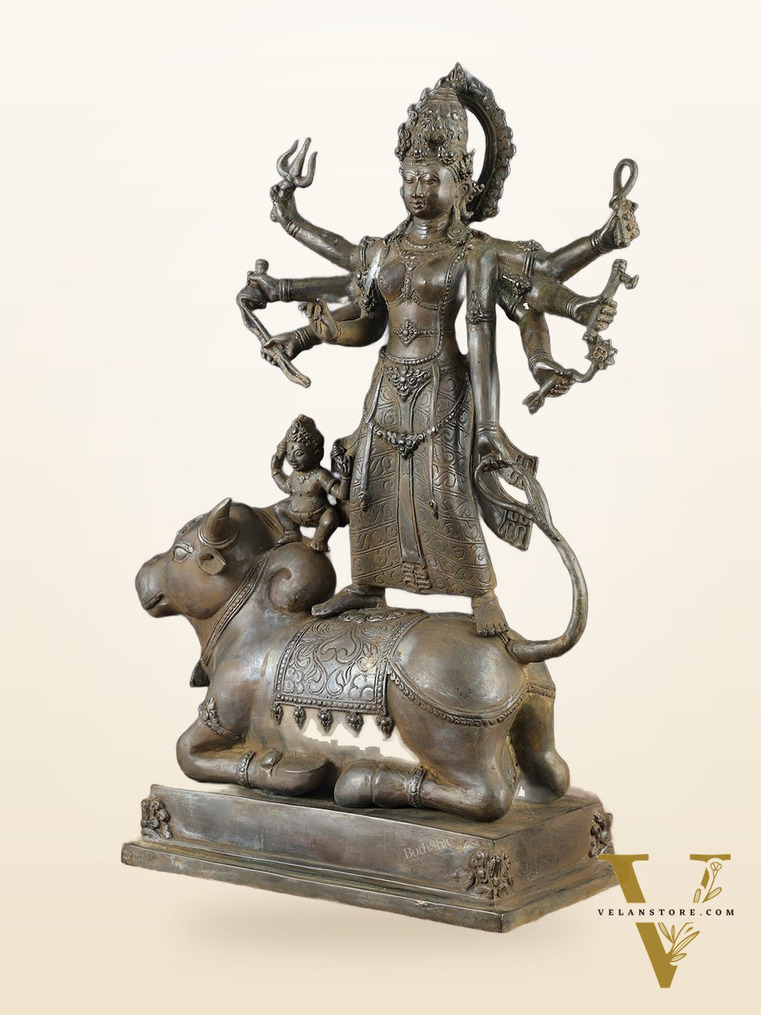 Vintage Balinese Bronze  Mahishasura Mardini Durga Statue - 22.5" H | Lost Wax Casting