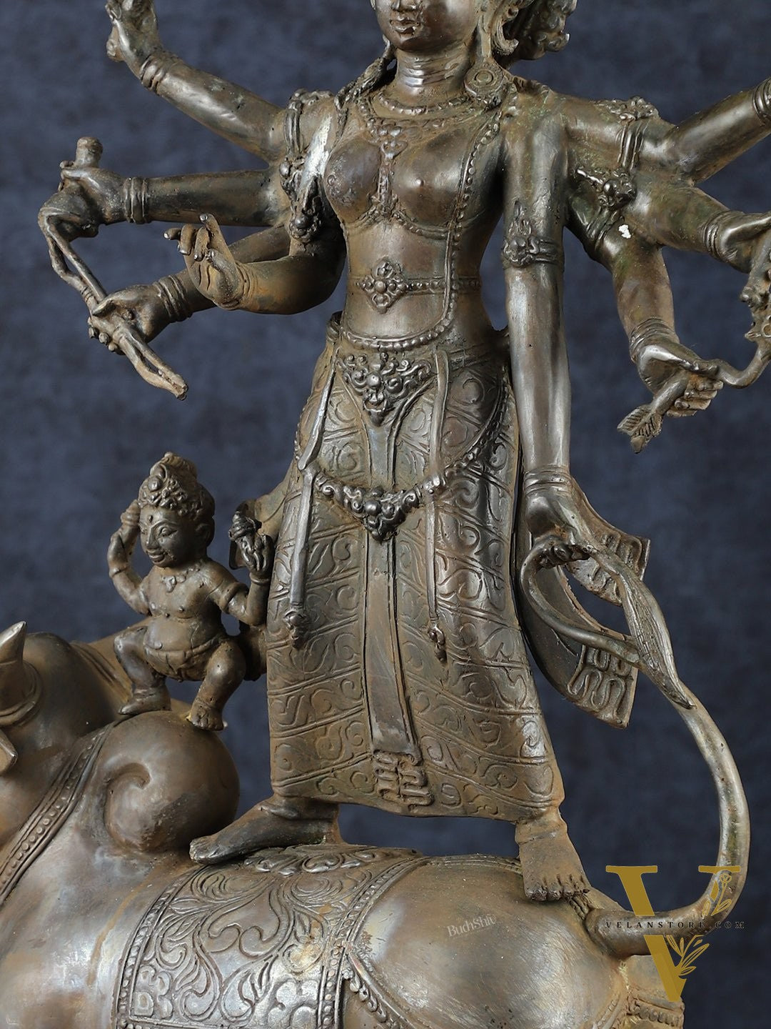 Vintage Balinese Bronze  Mahishasura Mardini Durga Statue - 22.5" H | Lost Wax Casting