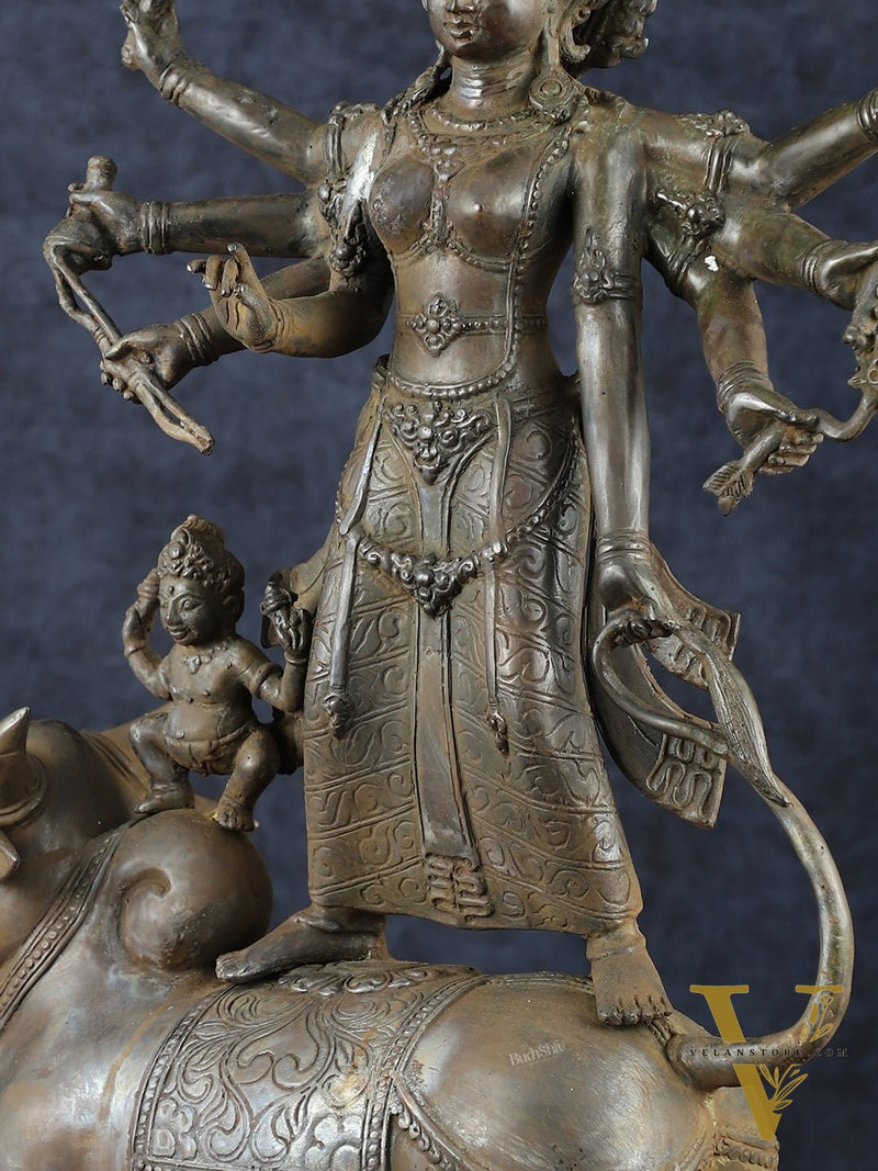 Vintage Balinese Bronze  Mahishasura Mardini Durga Statue - 22.5" H | Lost Wax Casting