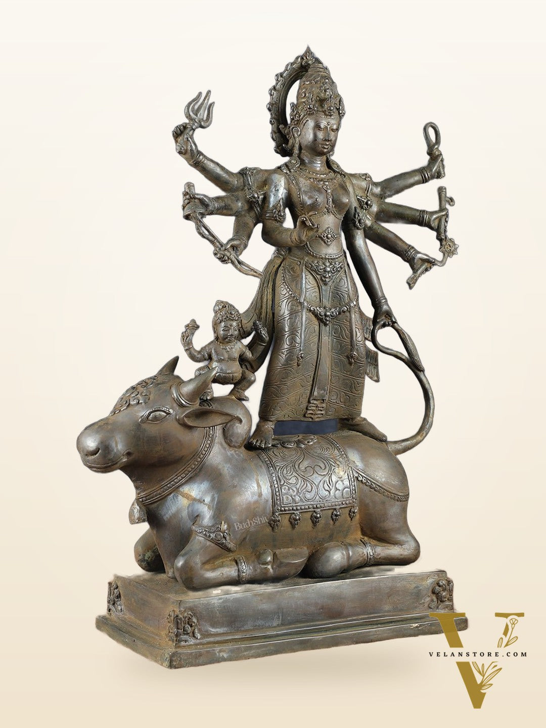 Vintage Balinese Bronze  Mahishasura Mardini Durga Statue - 22.5" H | Lost Wax Casting