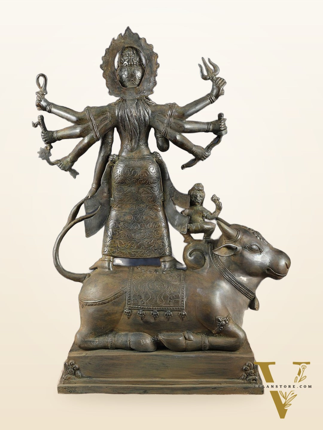 Vintage Balinese Bronze  Mahishasura Mardini Durga Statue - 22.5" H | Lost Wax Casting