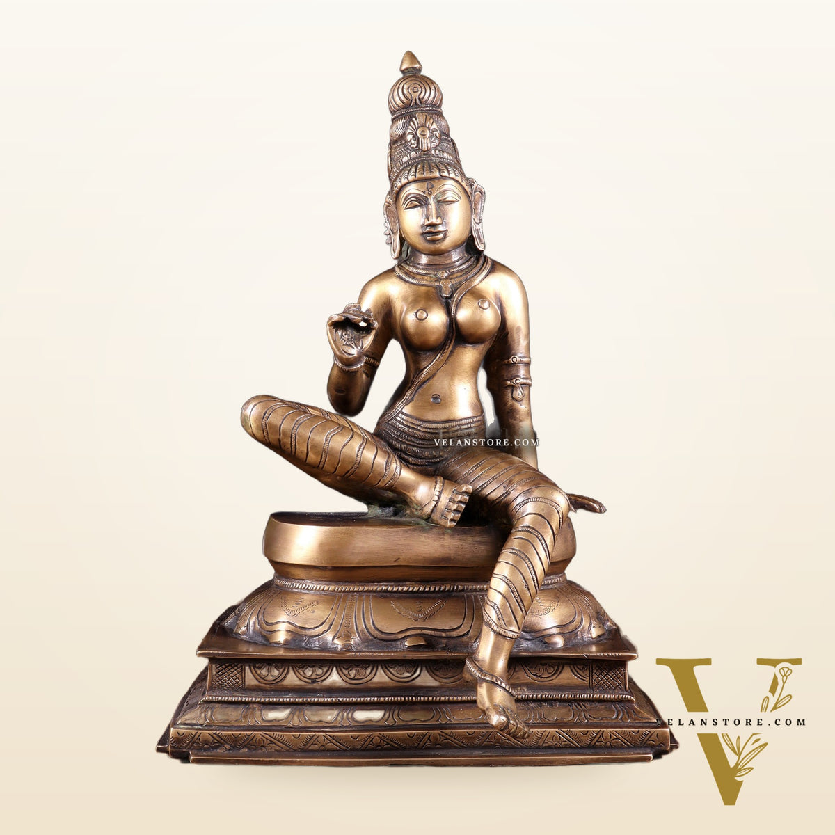 Vintage Bhoga Shakti Brass Devi Uma Parvati Sitting Statue | Burnt Brass Tone | 14” Height