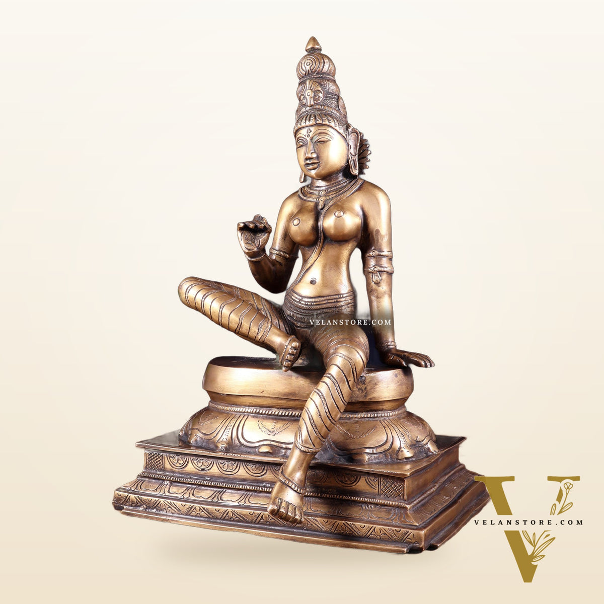 Vintage Bhoga Shakti Brass Devi Uma Parvati Sitting Statue | Burnt Brass Tone | 14” Height