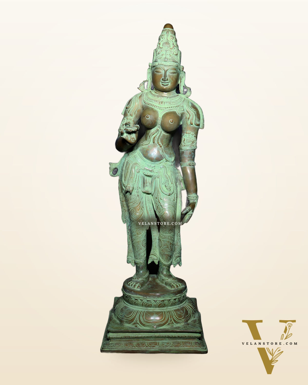 Vintage Bhoga Shakti Brass Standing Parvati Statue – Green Patina Finish (38 Inches, 30 Kg)