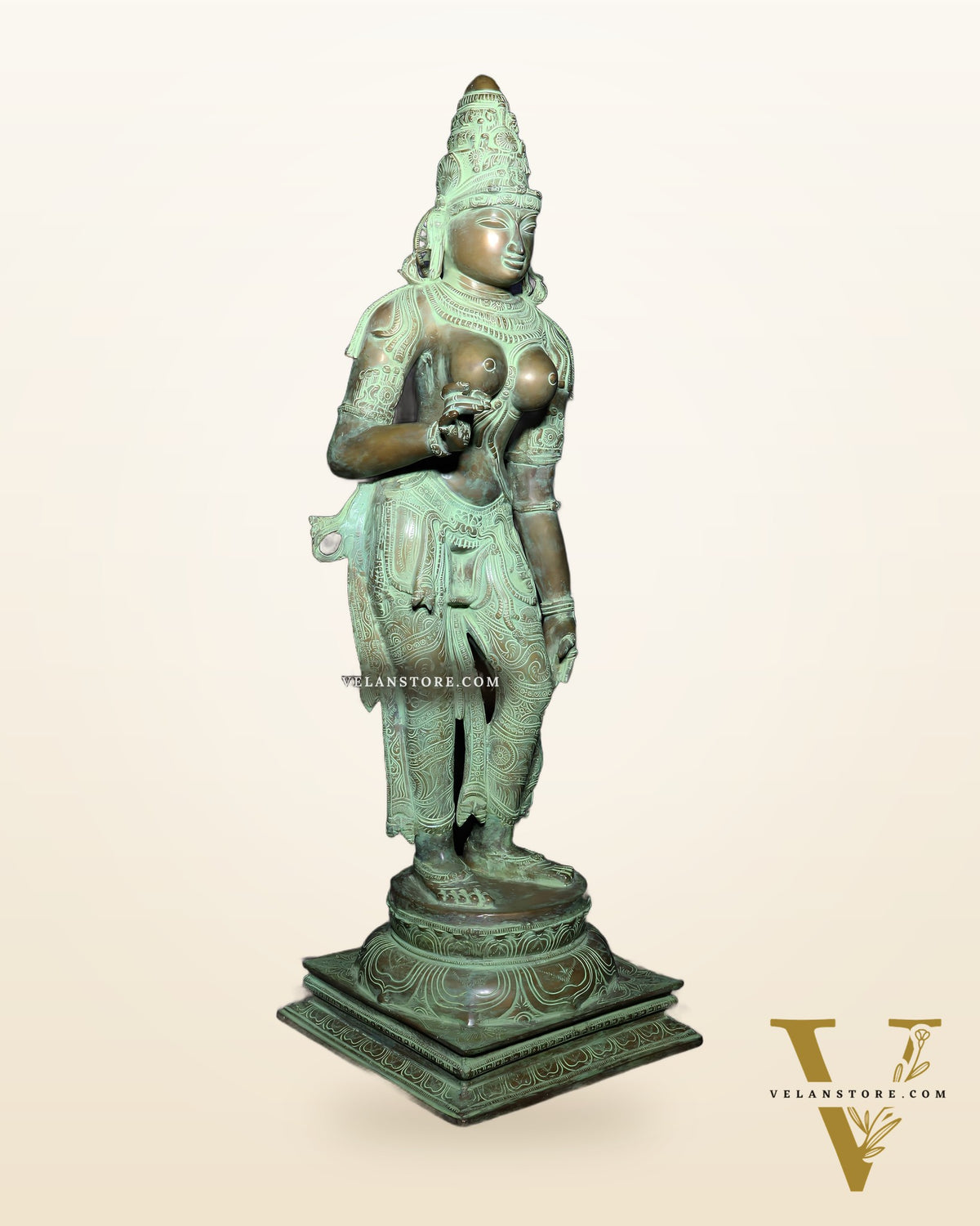Vintage Bhoga Shakti Brass Standing Parvati Statue – Green Patina Finish (38 Inches, 30 Kg)