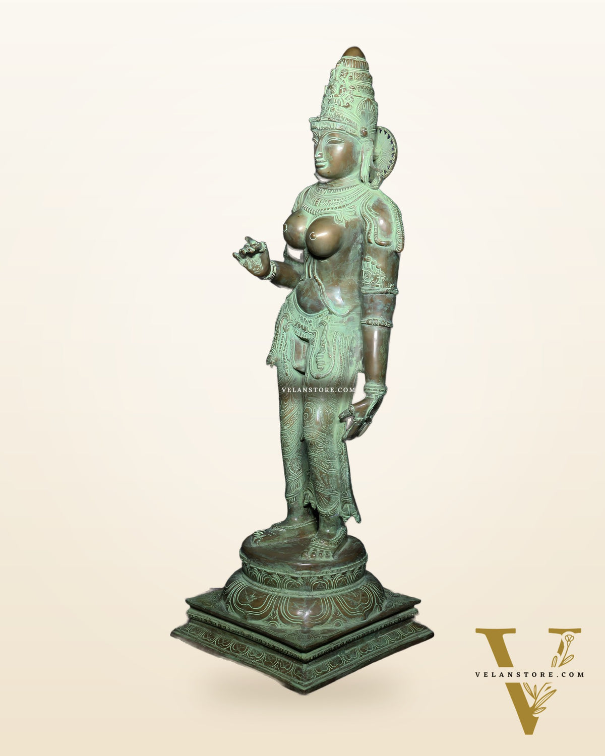 Vintage Bhoga Shakti Brass Standing Parvati Statue – Green Patina Finish (38 Inches, 30 Kg)