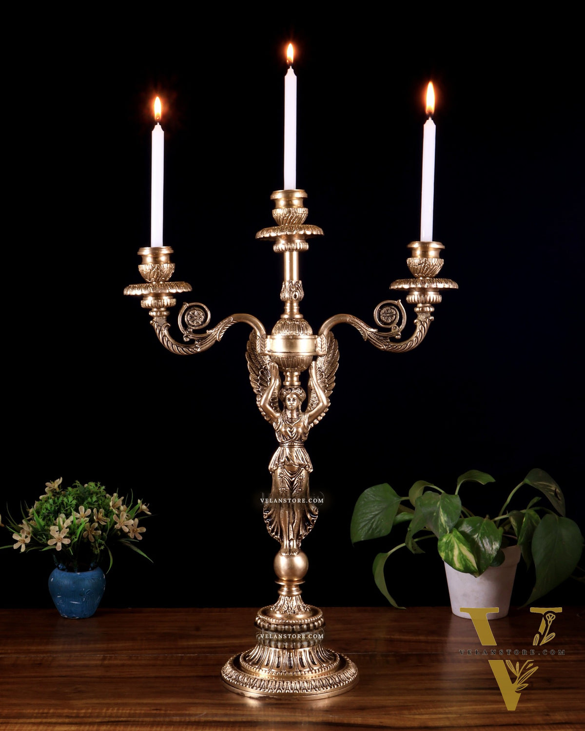 Vintage Brass Angel with Four Candle Holders – Majestic Greek Style Décor 19 inch