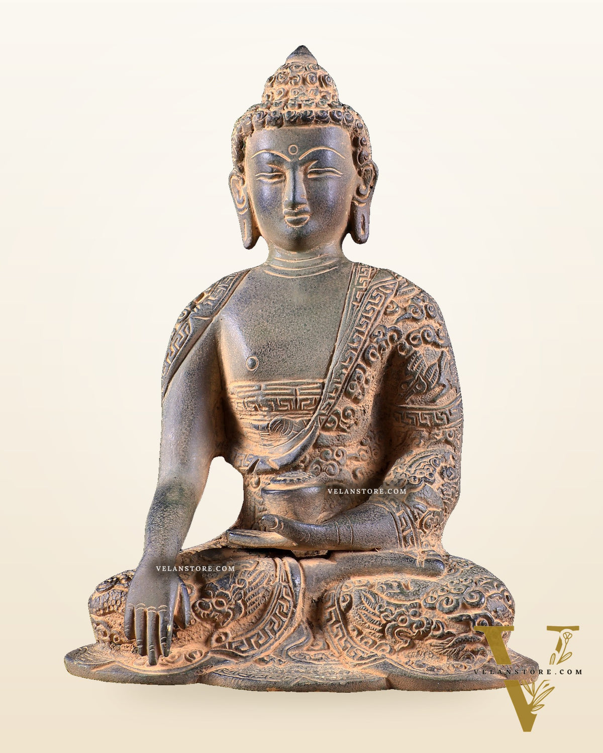 Vintage Brass Buddha Statue with Carvings – Rugged Patina Finish 8.5 inch