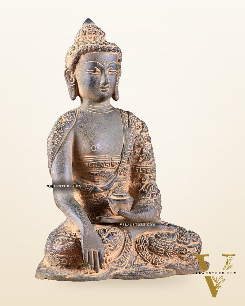 Vintage Brass Buddha Statue with Carvings – Rugged Patina Finish 8.5 inch