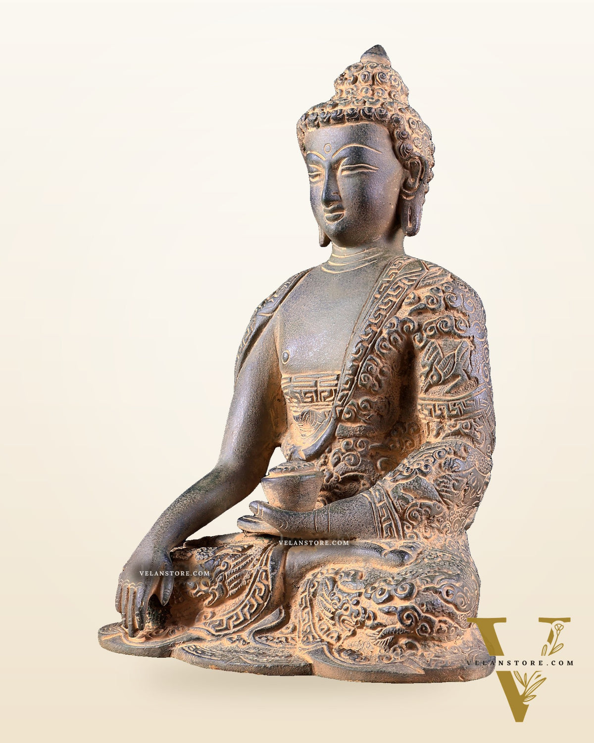 Vintage Brass Buddha Statue with Carvings – Rugged Patina Finish 8.5 inch