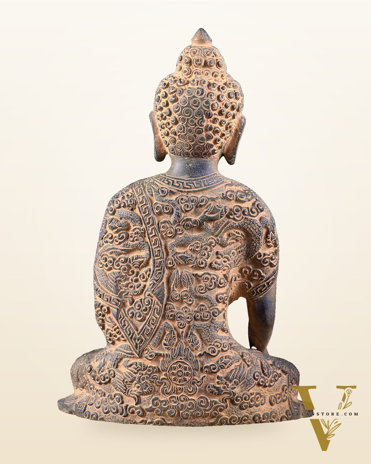 Vintage Brass Buddha Statue with Carvings – Rugged Patina Finish 8.5 inch
