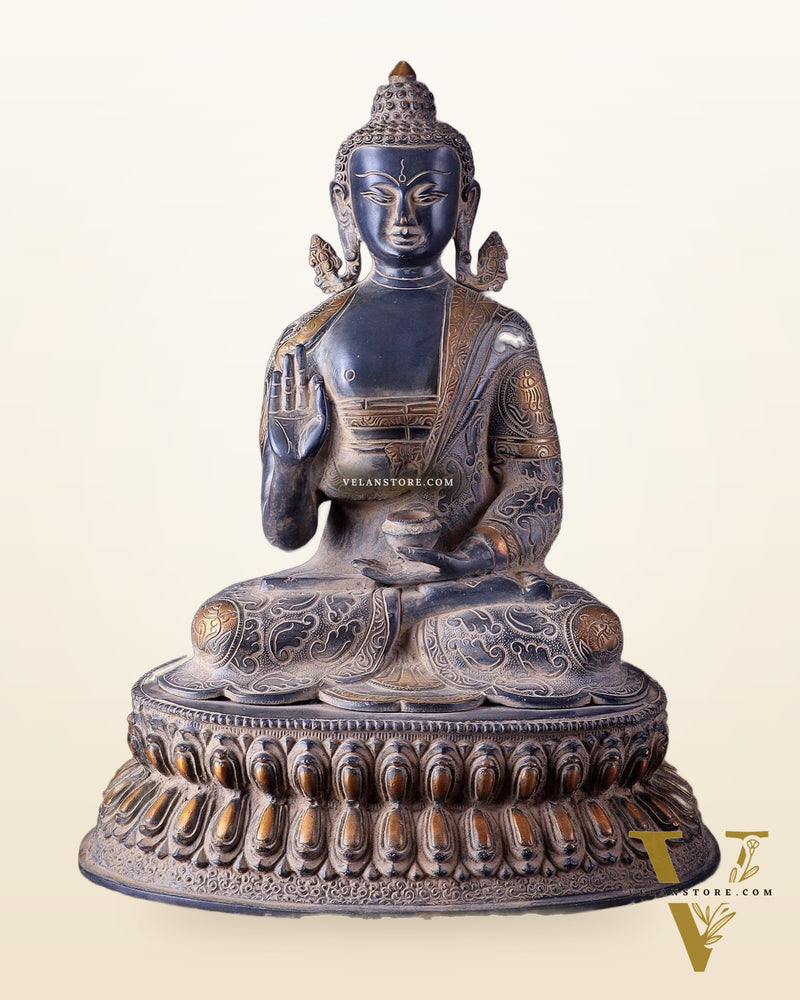 Vintage Brass Buddha Statue with Sand Finish – 16.5”