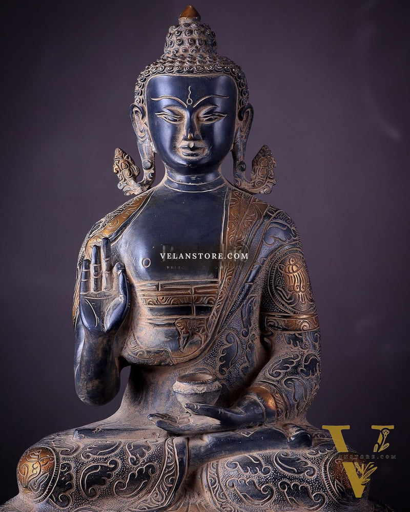 Vintage Brass Buddha Statue with Sand Finish – 16.5”