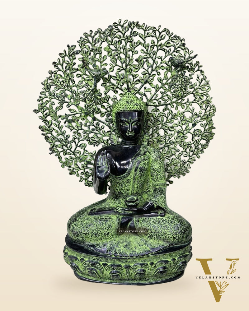Vintage Brass Buddha with Bodhi Tree Kalpavriksha Statue 30 inch