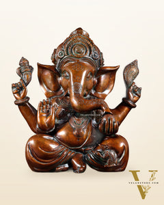 Vintage Brass Crown Ganesha Statue – Sharp Features in Copper Tone Finish 13 inch