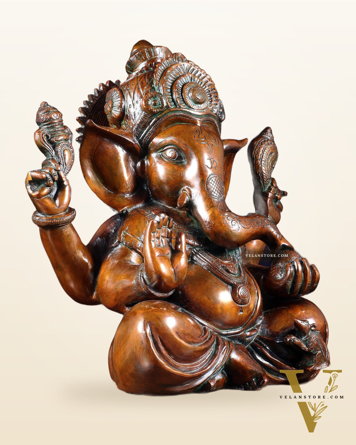 Vintage Brass Crown Ganesha Statue – Sharp Features in Copper Tone Finish 13 inch