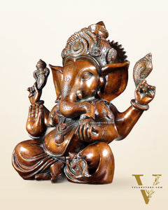 Vintage Brass Crown Ganesha Statue – Sharp Features in Copper Tone Finish 13 inch
