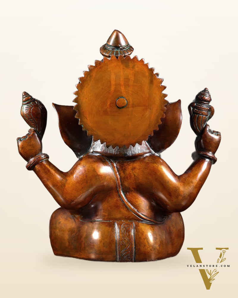 Vintage Brass Crown Ganesha Statue – Sharp Features in Copper Tone Finish 13 inch