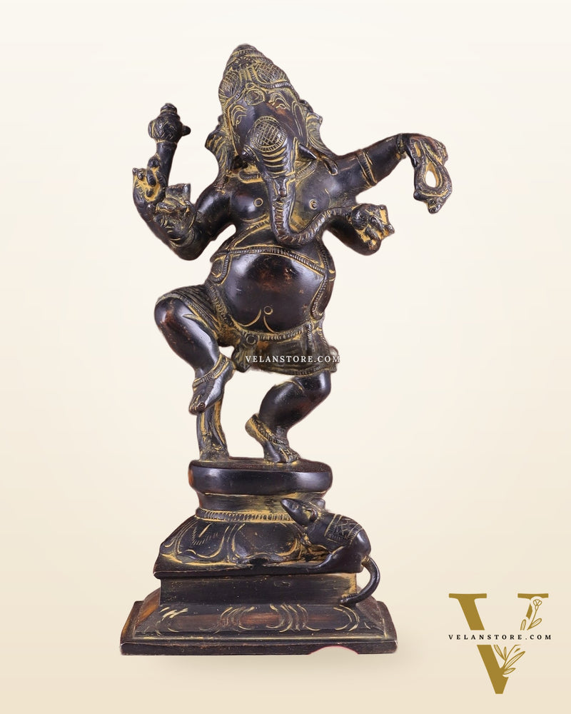 Vintage Brass Dancing Ganesha Statue - Black Sand Finish 9"