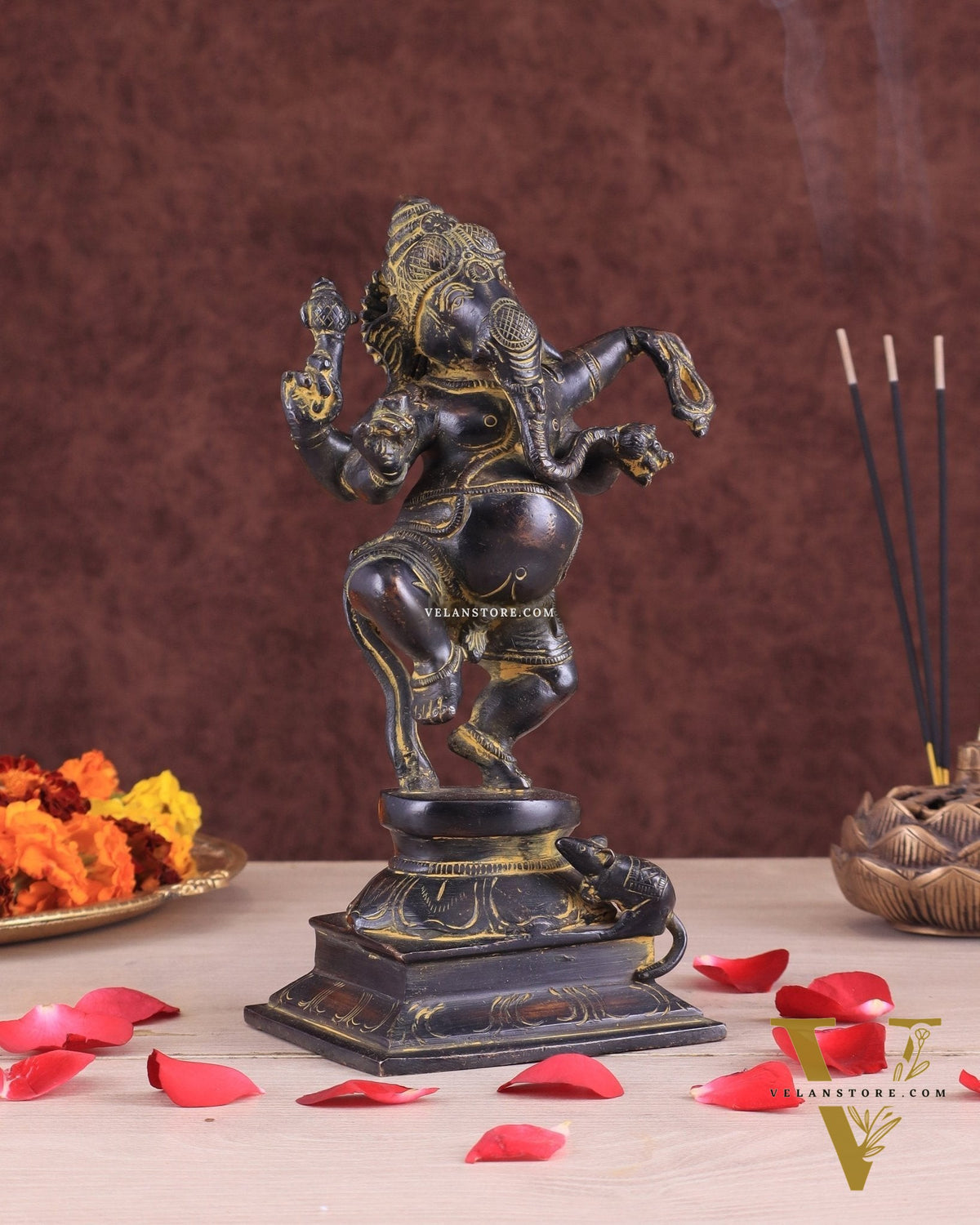 Vintage Brass Dancing Ganesha Statue - Black Sand Finish 9"
