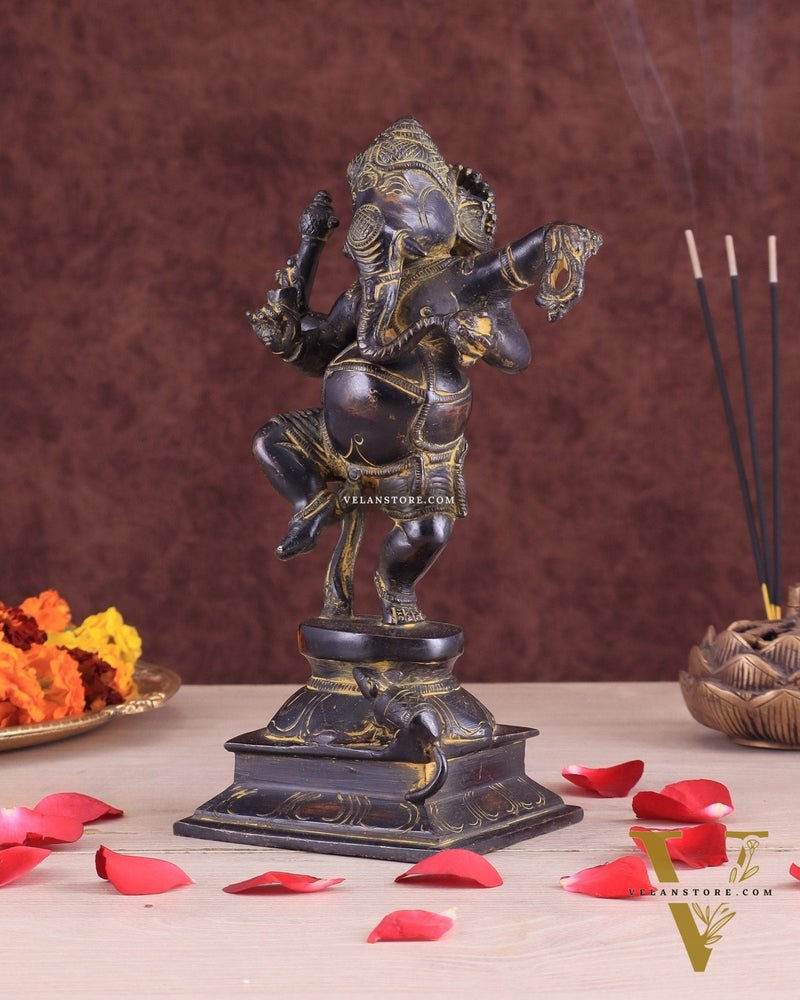 Vintage Brass Dancing Ganesha Statue - Black Sand Finish 9"