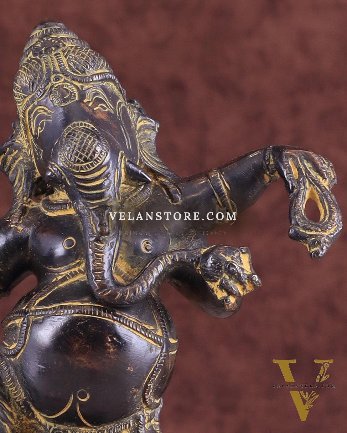 Vintage Brass Dancing Ganesha Statue - Black Sand Finish 9"