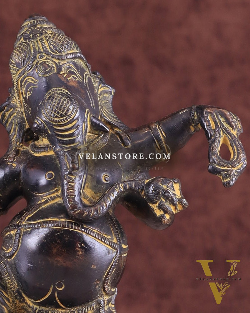 Vintage Brass Dancing Ganesha Statue - Black Sand Finish 9"