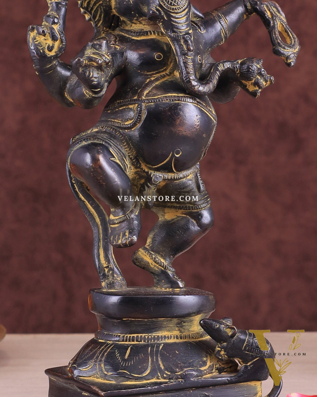 Vintage Brass Dancing Ganesha Statue - Black Sand Finish 9"