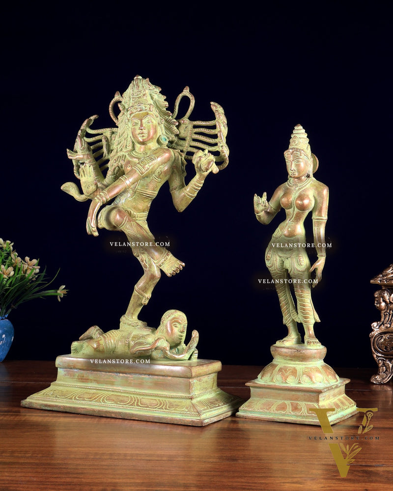 Vintage Brass Dancing Shiva Nataraja with Sivagami Parvati Idol – Green Sand Patina Finish 14 inch