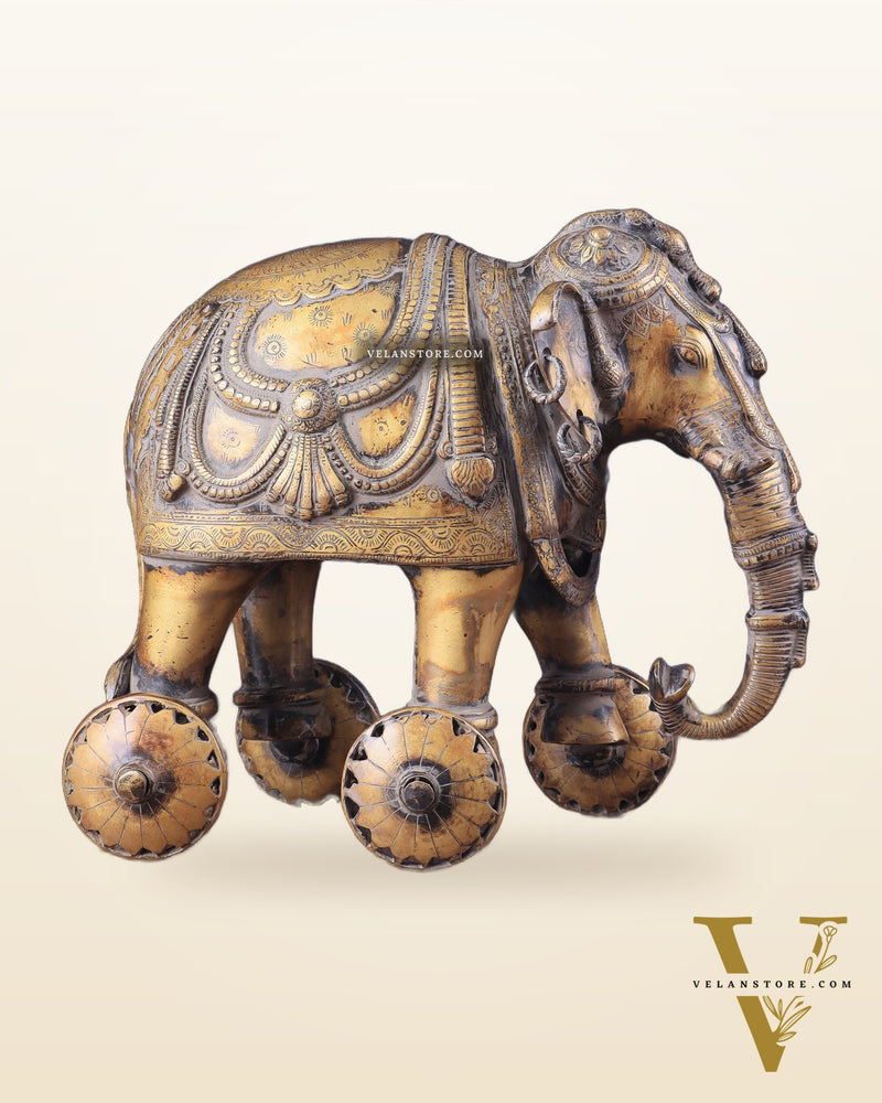 Vintage Brass Elephant Statue with Functional Wheels 13"