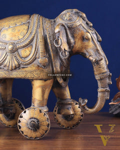 Vintage Brass Elephant Statue with Functional Wheels 13"