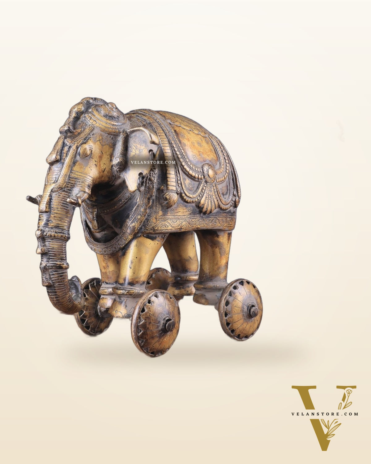 Vintage Brass Elephant Statue with Functional Wheels 13"