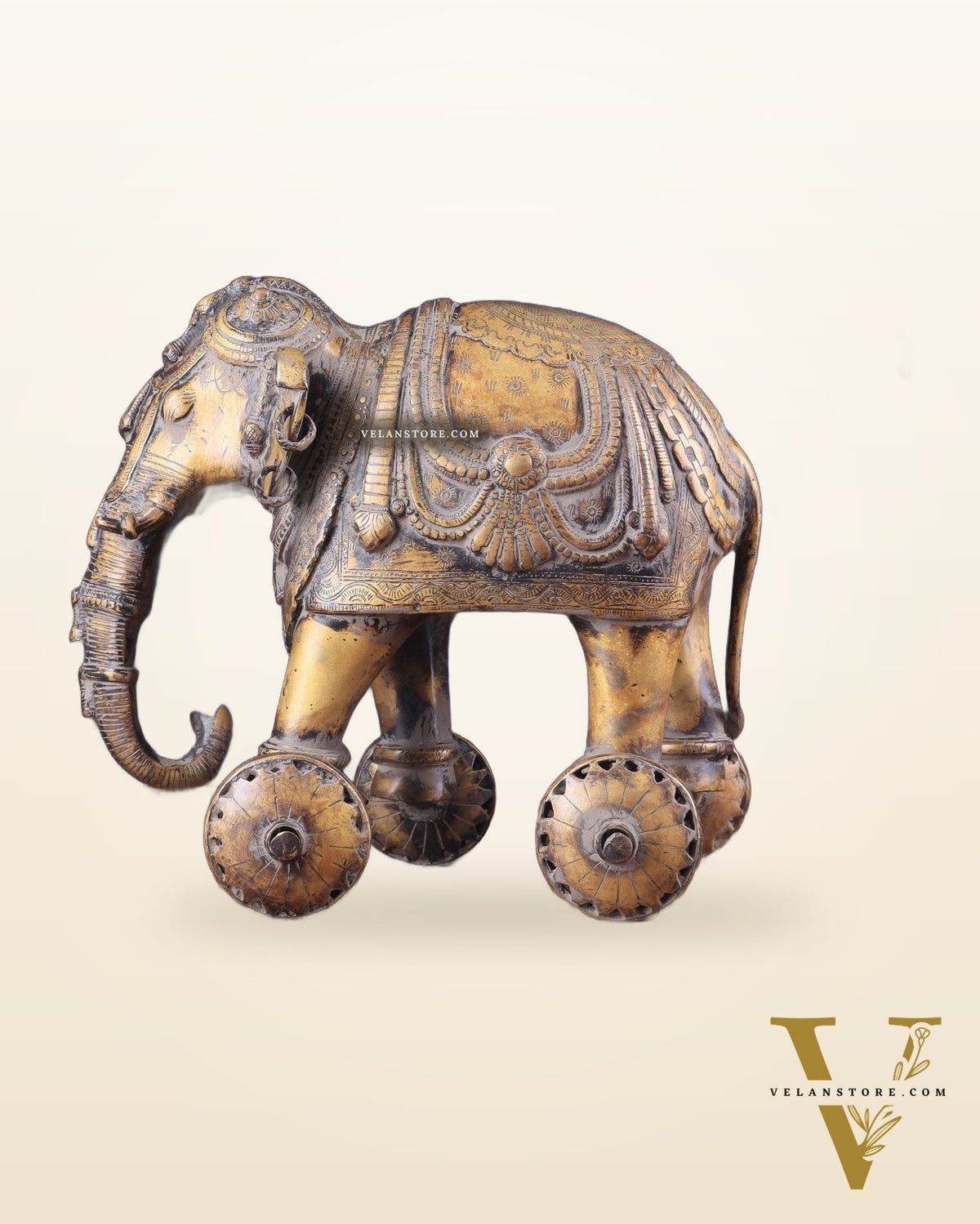 Vintage Brass Elephant Statue with Functional Wheels 13"