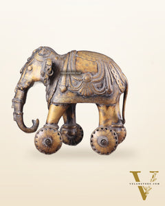 Vintage Brass Elephant Statue with Functional Wheels 13"