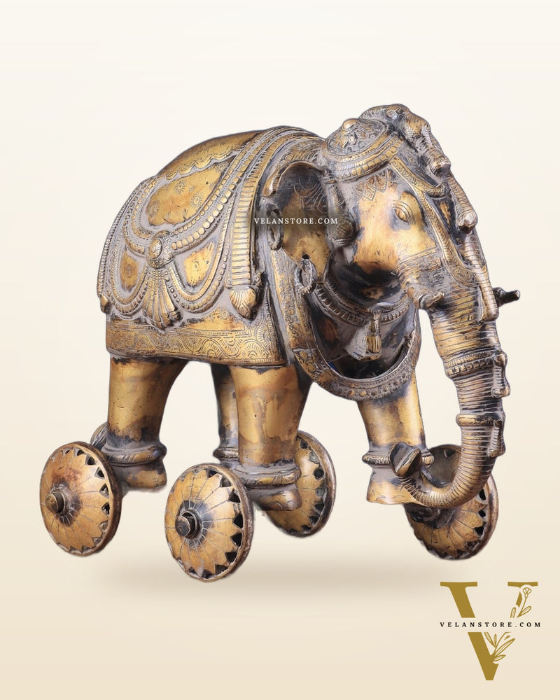 Vintage Brass Elephant Statue with Functional Wheels 13"