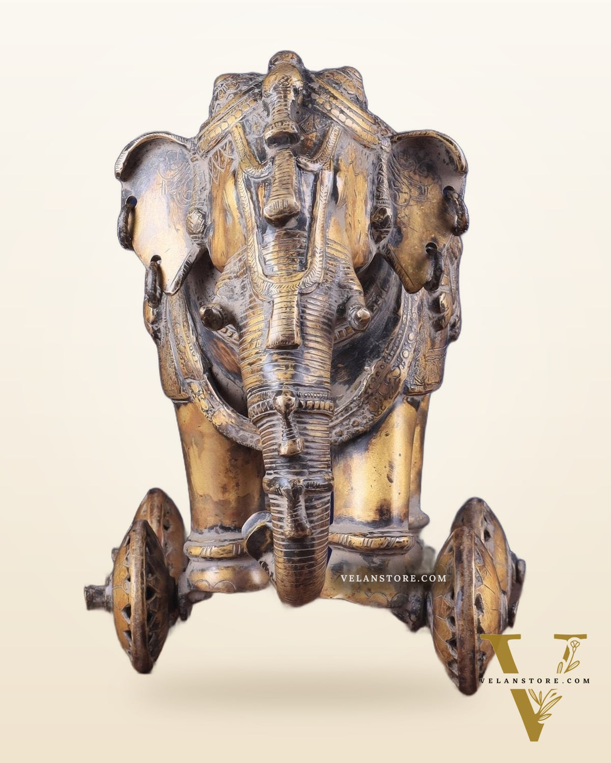 Vintage Brass Elephant Statue with Functional Wheels 13"