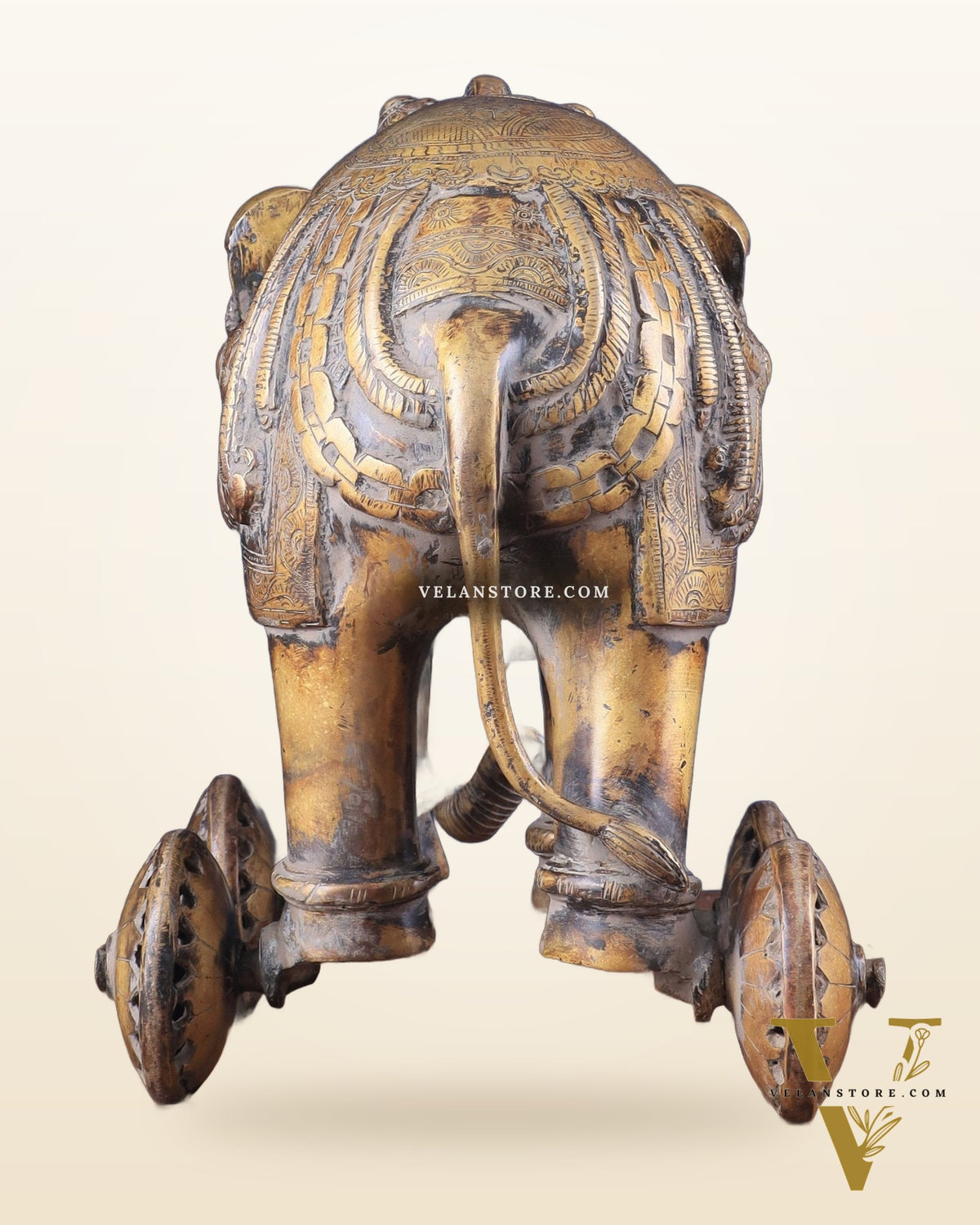 Vintage Brass Elephant Statue with Functional Wheels 13"
