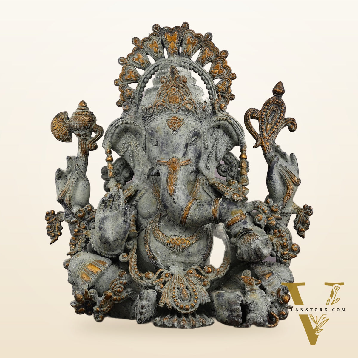 Vintage Brass Ganapati Welcome Statue with Green Henna Sand Finish - 17"
