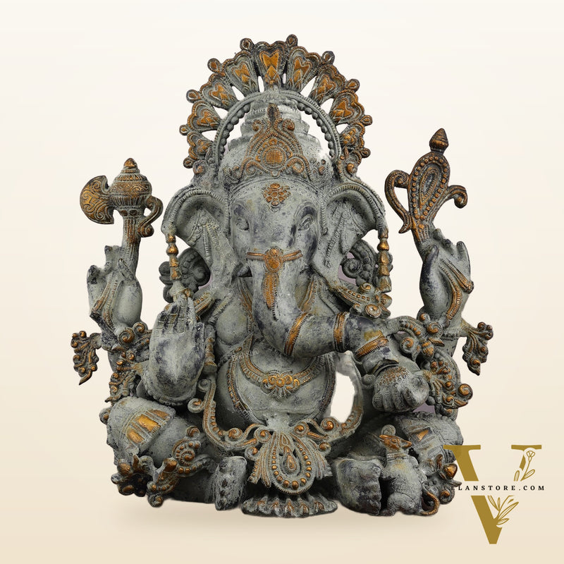 Vintage Brass Ganapati Welcome Statue with Green Henna Sand Finish - 17"