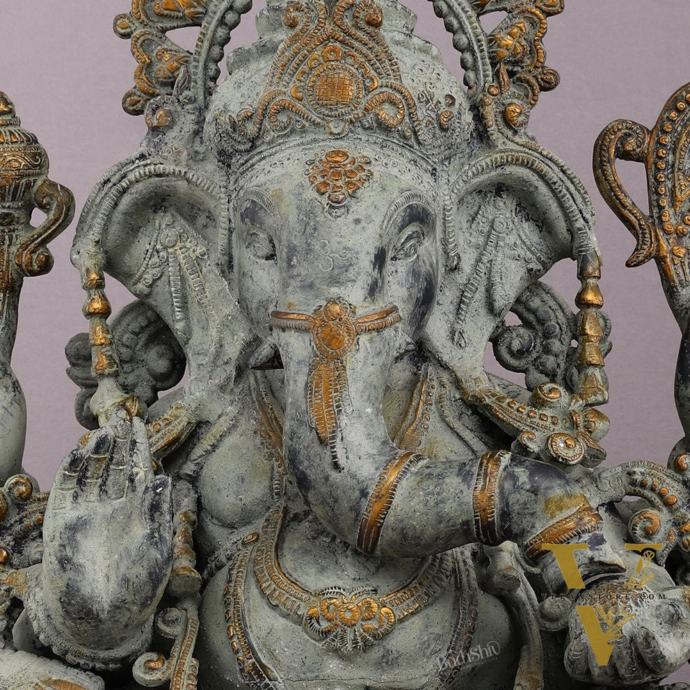 Vintage Brass Ganapati Welcome Statue with Green Henna Sand Finish - 17"