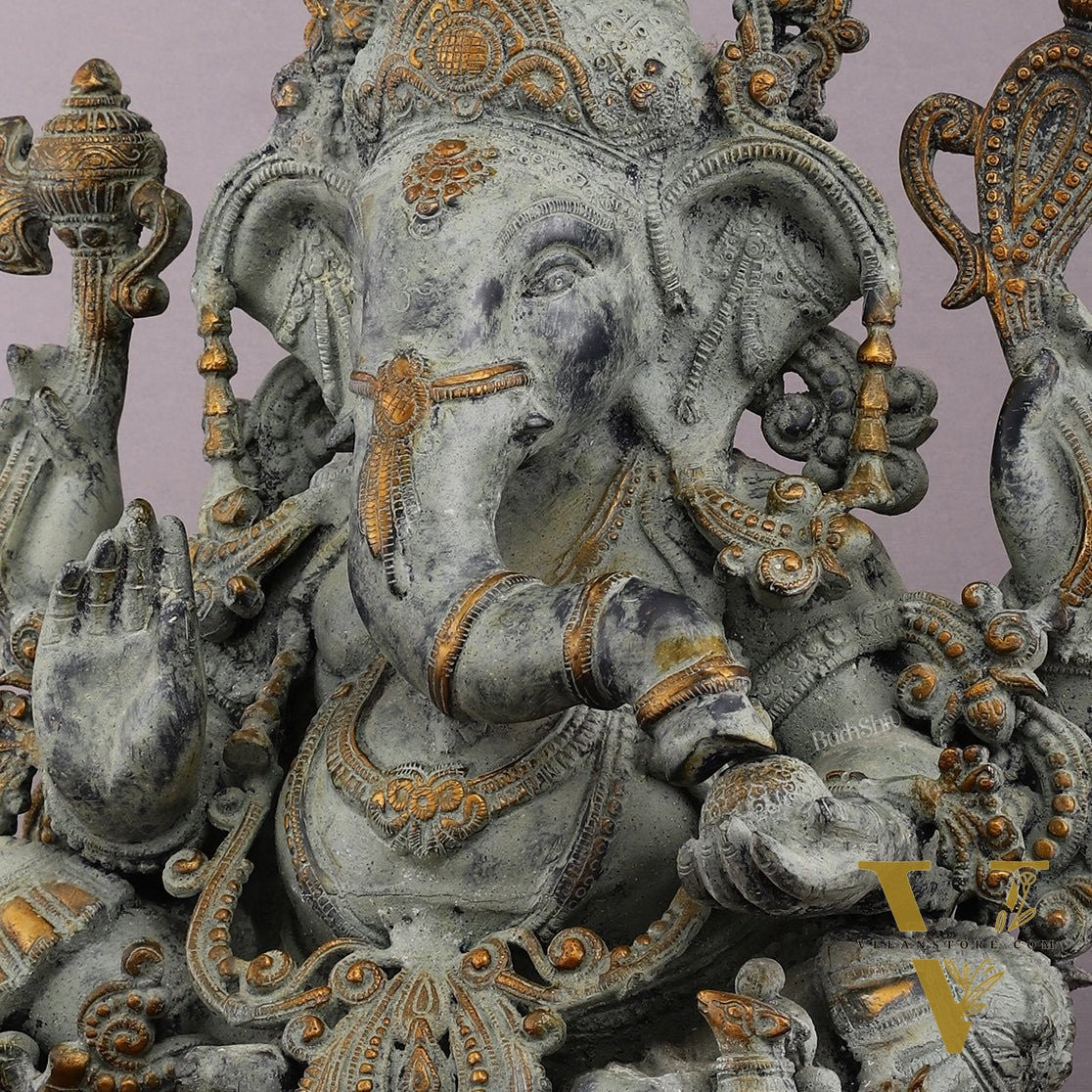 Vintage Brass Ganapati Welcome Statue with Green Henna Sand Finish - 17"