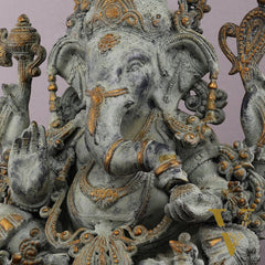 Vintage Brass Ganapati Welcome Statue with Green Henna Sand Finish - 17"