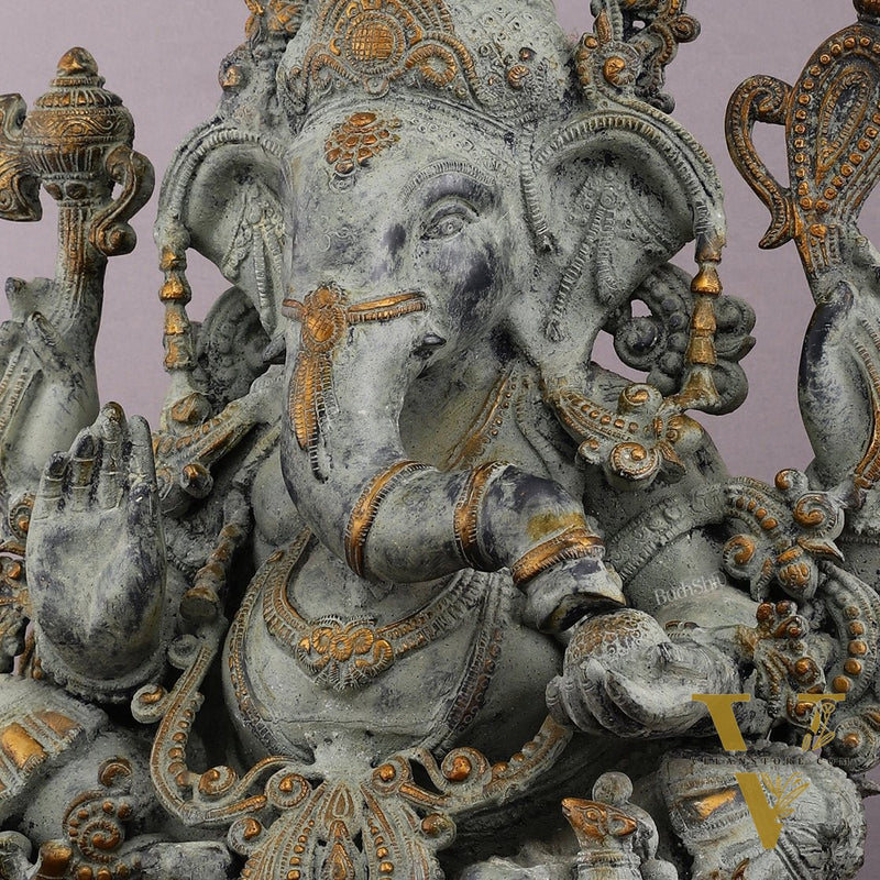Vintage Brass Ganapati Welcome Statue with Green Henna Sand Finish - 17"