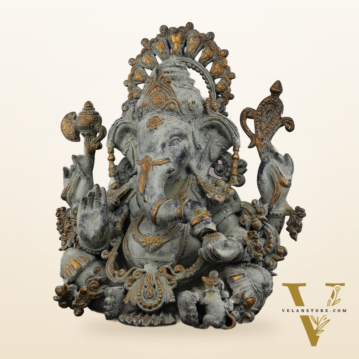 Vintage Brass Ganapati Welcome Statue with Green Henna Sand Finish - 17"