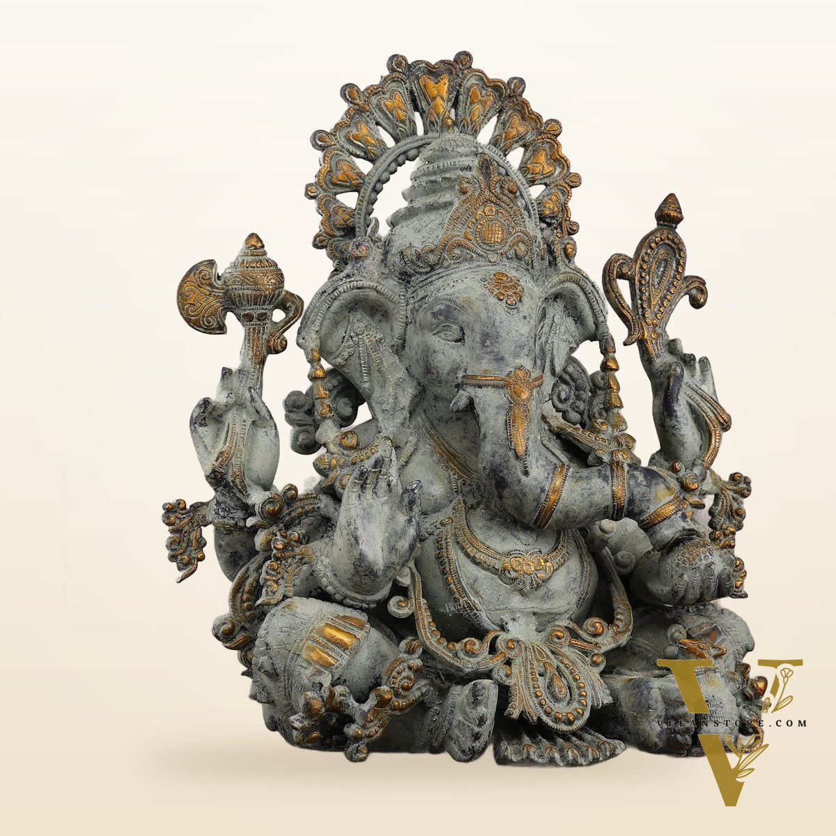 Vintage Brass Ganapati Welcome Statue with Green Henna Sand Finish - 17"
