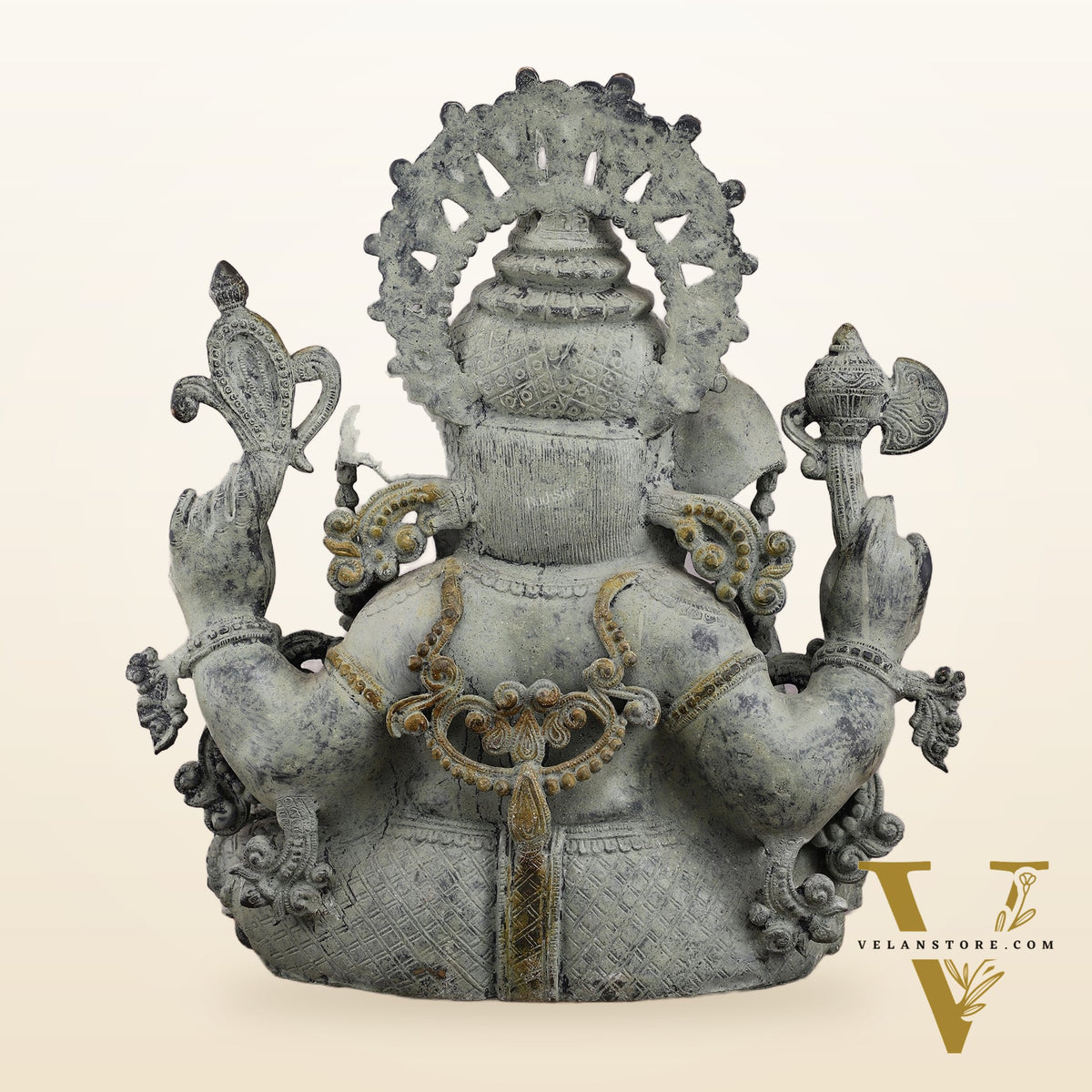 Vintage Brass Ganapati Welcome Statue with Green Henna Sand Finish - 17"