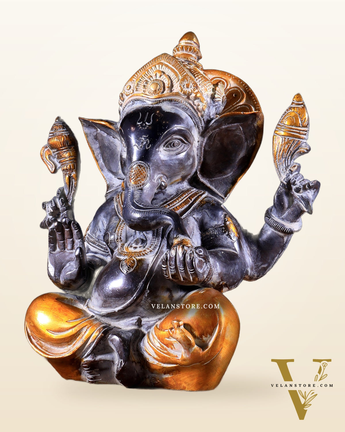 Vintage Brass Ganesha Idol with Sharp Features - 8 Inch